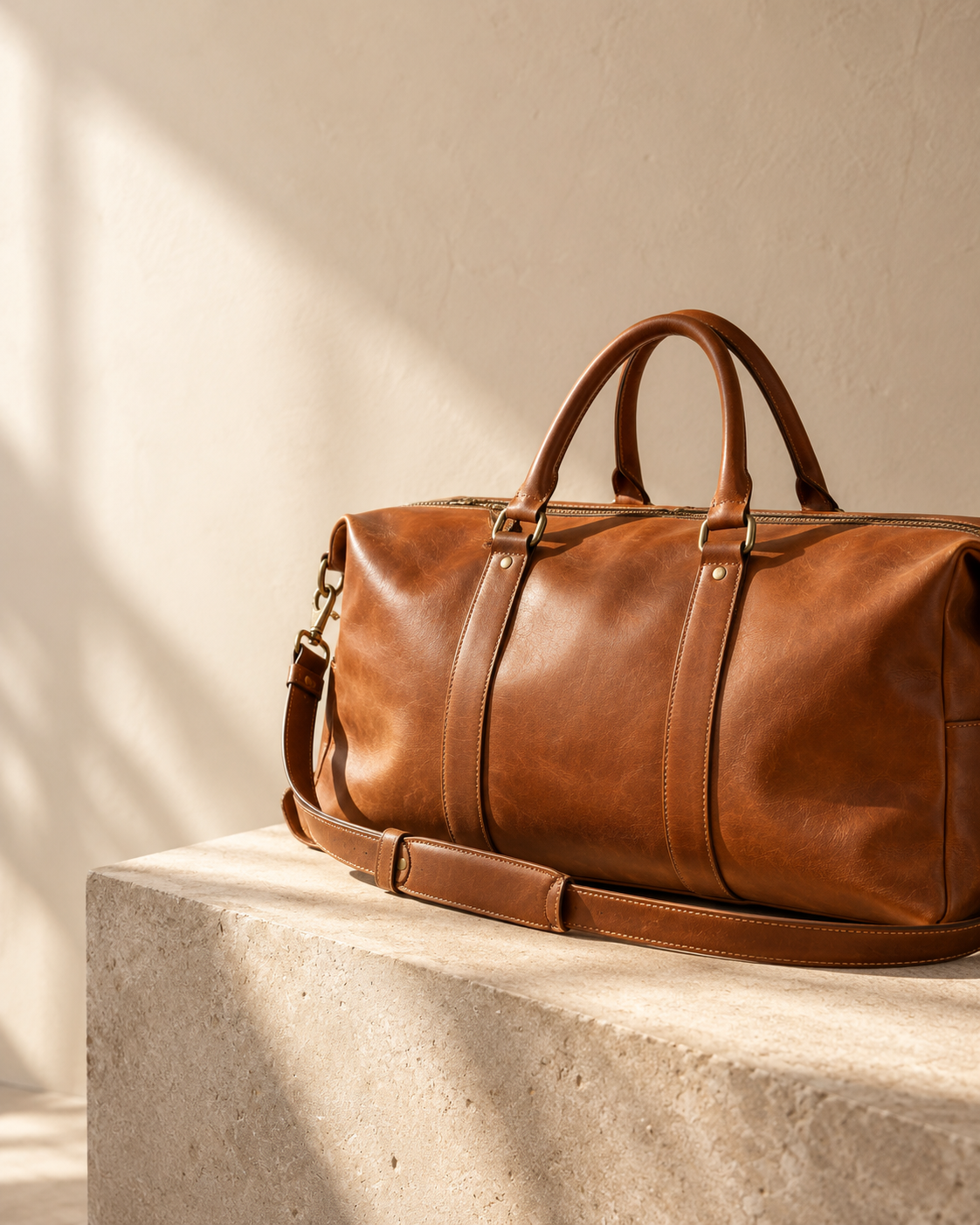 The Weekender leather bag photographed in soft daylight
