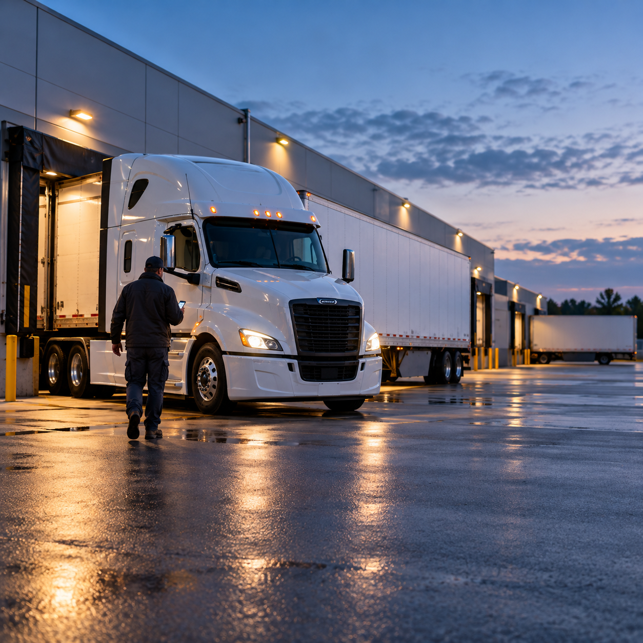 Loaded truck at a distribution dock at dusk